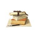 A stack of colored books, a scroll of paper and a fountain pen. Royalty Free Stock Photo