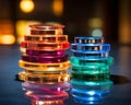 a stack of colored plastic rings sitting on a table Royalty Free Stock Photo