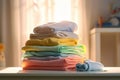 Stack of colorful baby clothes and blankets