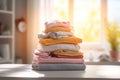 Stack of colorful baby clothes and blankets