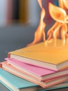 Stack of colorful books on fire highlighting concept of censorship or knowledge threat Royalty Free Stock Photo