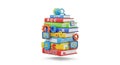 Stack of colorful books with gears and icons representing knowledge and learning Royalty Free Stock Photo