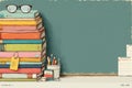 Stack of colorful books with glasses beside stationery and teal background Royalty Free Stock Photo