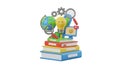 Stack of colorful books with globe light bulb gears and magnifying glass representing education and learning concep Royalty Free Stock Photo