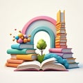 Stack of colorful books, open pages form whimsical landscape. Books represent education, learning, imagination with stylized Royalty Free Stock Photo