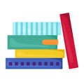 Stack colorful books red book leaning against them. Pile textbooks education learning concept Royalty Free Stock Photo