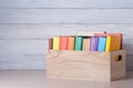 Stack of colorful books on table. Education background. Back to school. Copy space for text. Royalty Free Stock Photo
