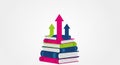 Stack of colorful books with upward arrows representing growth education progress and learning development concept Royalty Free Stock Photo