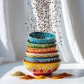 Stack of colorful ceramic bowls with spices falling into them stacked Royalty Free Stock Photo