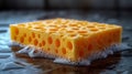 Stack of colorful cleaning sponges with soap suds on a reflective wet surface Royalty Free Stock Photo