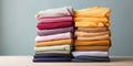 Stack of colorful clothes. Pile of clothing on table empty space background. Laundry and household