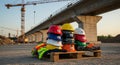Stack of colorful construction helmets Royalty Free Stock Photo