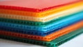 Stack of colorful corrugated plastic sheets in red, orange, yellow, cream, green, blue. Lightweight, durable material features Royalty Free Stock Photo