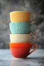 Stack of colorful cups with a pattern on a white background. Image is generated using AI. Royalty Free Stock Photo