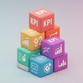 A stack of colorful 3D blocks displaying business-related icons and the acronym \