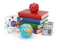A stack of colorful educational books with an apple globe atomic model and calculator isolated on white background Royalty Free Stock Photo