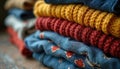 Stack of colorful folded clothes with varying textures. Blue patterned fabric, red knit, yellow knit sweaters clearly visible. Royalty Free Stock Photo