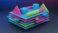 Stack of colorful geometric 3D shapes including cubes cylinders and triangles in bright pink blue and green arranged on a dark Royalty Free Stock Photo