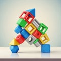 A stack of colorful geometric toy blocks including cubes cylinders and Royalty Free Stock Photo