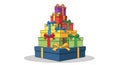 A stack of colorful gift boxes is arranged in a pyramid on a white background Royalty Free Stock Photo