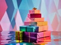 Stack of Colorful Gift Boxes with a Gold Bow on Top Royalty Free Stock Photo