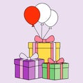 A stack of colorful gift boxes red ribbons is beside purple and white balloons. set against a Royalty Free Stock Photo
