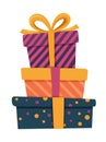 Stack of Colorful Gift Boxes with Ribbons and Bows. Festive flat vector illustration of wrapped presents Royalty Free Stock Photo