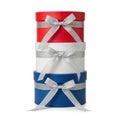 Stack of colorful gift boxes with silver ribbons Royalty Free Stock Photo