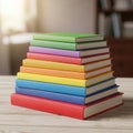 Stack of colorful hardcover books arranged in a pyramid on a wooden table Royalty Free Stock Photo
