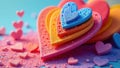 Stack of colorful heart-shaped objects decorated with tiny beads on a pastel surface. Generative AI Royalty Free Stock Photo