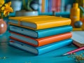 Stack of colorful journals and pen