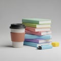Stack of colorful notebooks and coffee cup isolated on white background Royalty Free Stock Photo