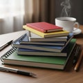 A stack of colorful notebooks and journals is arranged on a wooden desk Royalty Free Stock Photo