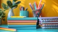 Stack of Colorful Notebooks With Pencils on a Blue Desk Royalty Free Stock Photo