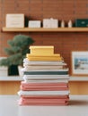 Stack of colorful paper, representing paperwork, bureaucracy, or creative projects. Office or studio setting. Use for business, Royalty Free Stock Photo
