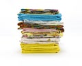 A stack of colorful pillowcases over a white background