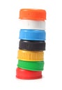 Stack of colorful plastic bottle caps, side view. Royalty Free Stock Photo