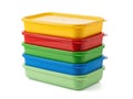 Stack of colorful plastic containers isolated on white background Royalty Free Stock Photo