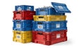 A stack of colorful plastic crates on a white background Royalty Free Stock Photo