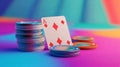 Stack of colorful poker chips beside an Ace of Diamonds playing card on a vibrant gradient background, representing excitement and Royalty Free Stock Photo