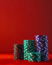 A Stack of Colorful Poker Chips Set Against a Vibrant Red Background in a Casino Setting Royalty Free Stock Photo