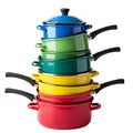 Stack of colorful, pots and pans isolated on white background Royalty Free Stock Photo