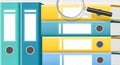 Stack of colorful ring binders with magnifying glass Royalty Free Stock Photo
