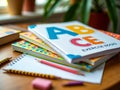 Stack of Colorful School Notebooks and Pencils on Wooden Desk Royalty Free Stock Photo
