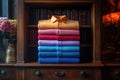 Stack of Colorful Polo Shirts on a Classic Wooden Dresser Royalty Free Stock Photo