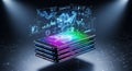 A stack of colorful smartphones displaying holographic data visualizations on a dark background Royalty Free Stock Photo