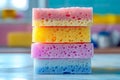 Stack of colorful sponges and a bottle of cleaning solution. Royalty Free Stock Photo