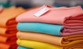 Stack of colorful sweatshirts attractively folded and displayed in a retail setting with a tag. Royalty Free Stock Photo