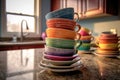 stack of colorful teacups on a kitchen counter