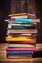 stack of colorful textbooks on a wooden desk
